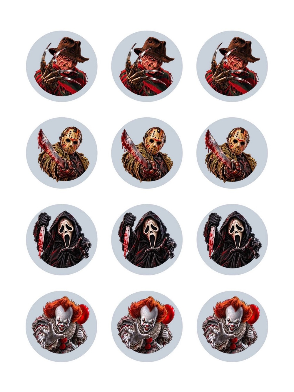 Horror Movie Character Round Stickers - Assorted Red & Black Designs